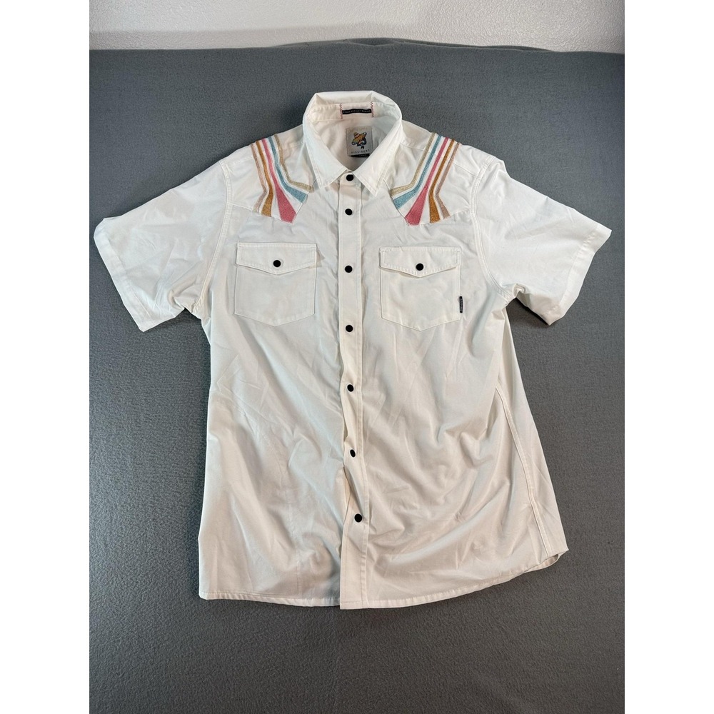 Baja Llama Shirt Mens Large White Western Snap Short Sleeve Stretch Button Up
